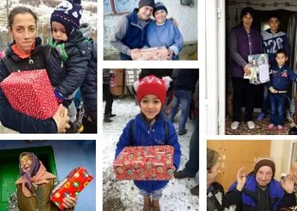 A collage of people receiving shoeboxes for Link to Hope's Shoebox Appeal