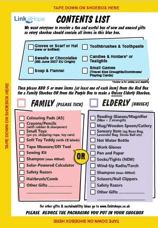 Shoebox Contents List 2026
